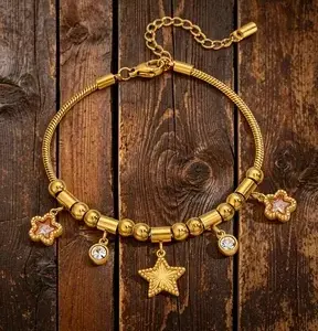 Wholesale Star Waterproof Couple Bracelets In 304 Stainless Steel With 18K Gold Plated Finish And Zircon Inlay On Snake Chain