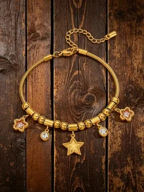 Wholesale Star Waterproof Couple Bracelets In 304 Stainless Steel With 18K Gold Plated Finish And Zircon Inlay On Snake Chain