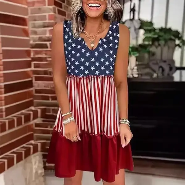Wholesale American Flag Vintage Style Sleeveless Tank Dress With V Neck In Polyester For Casual Wear