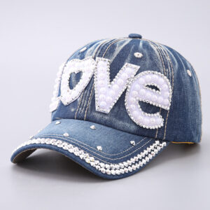 Denim blue pearl rhinestone love / Adjustable