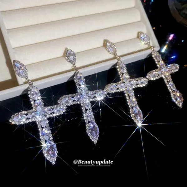 Wholesale Gold Cross Drop Earrings For Women Featuring Copper Material And 304 Stainless Steel Ear Pins With Zircon Inlay