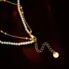 Wholesale Double Layer Pearl Necklace Titanium Steel Geometric Women's Collarbone Chain Rose Gold Plated