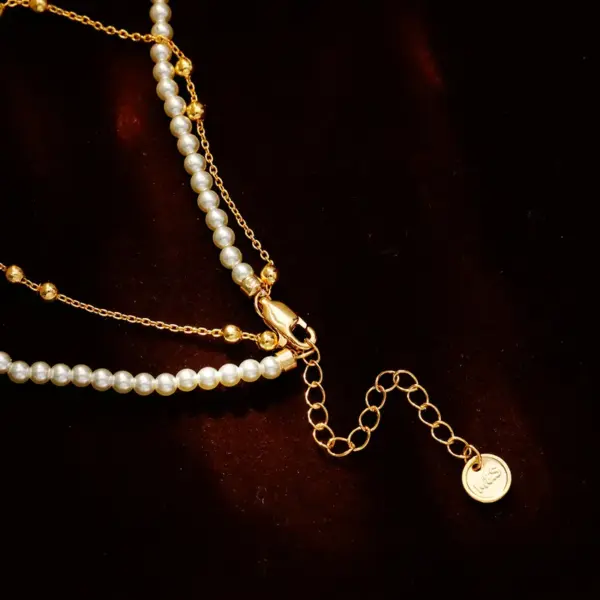 Wholesale Double Layer Pearl Necklace Titanium Steel Geometric Women's Collarbone Chain Rose Gold Plated