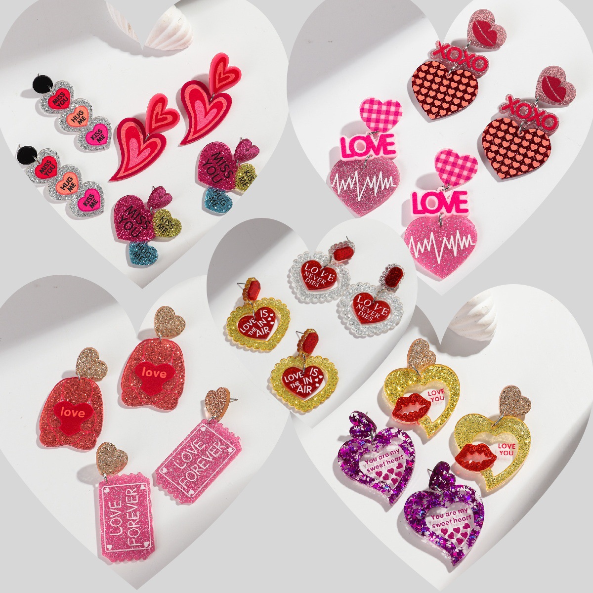 Wholesale European and American Cross-border Valentine's Day Letter Pendant High-grade Earrings Peach Heart Love Festival Sweet Wind Glitter Yak