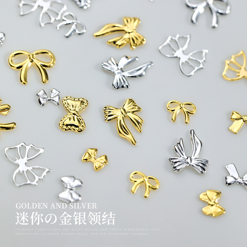 Wholesale Popular Manicure Jewelry Gold and Silver Hollow Alloy Bow Tie Flash Light Luxury All-match Bow Manicure Nail Accessories