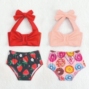 Wholesale 2025 Girls Strawberry Print Swimsuit Infant and Toddler Red Suspender Swimsuit Separates Bow Swimming Hairband