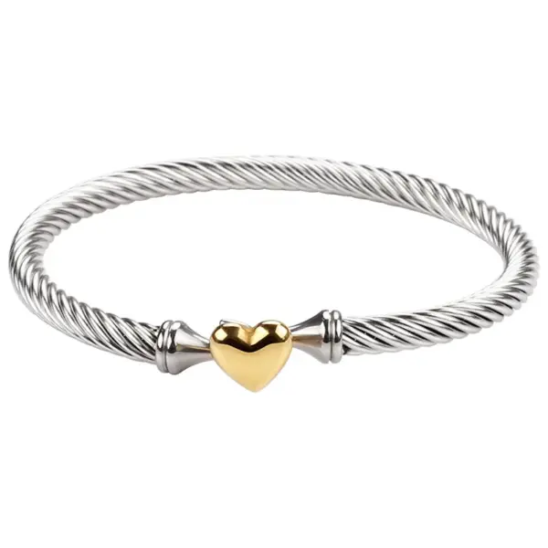 Wholesale 18K Real Gold Plated 304 Stainless Steel PVD Coated Heart Shape Two Tone Plating Bangle