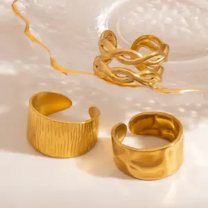 Wholesale Stainless Steel Hammered Texture Wide Face Ring Women's Non-Fading 18K Gold Plated Open Ring Fashionable Accessory For Party