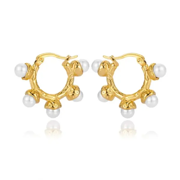 Wholesale British Retro Pearl Earrings Gold-Plated Stainless Steel Foldable Surface Geometric Hoop Rose Gold Titanium Steel Unisex