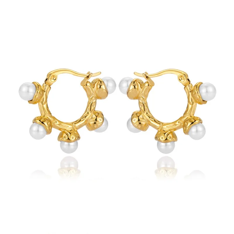 Wholesale British Retro Pearl Earrings Gold-Plated Stainless Steel Foldable Surface Geometric Hoop Rose Gold Titanium Steel Unisex