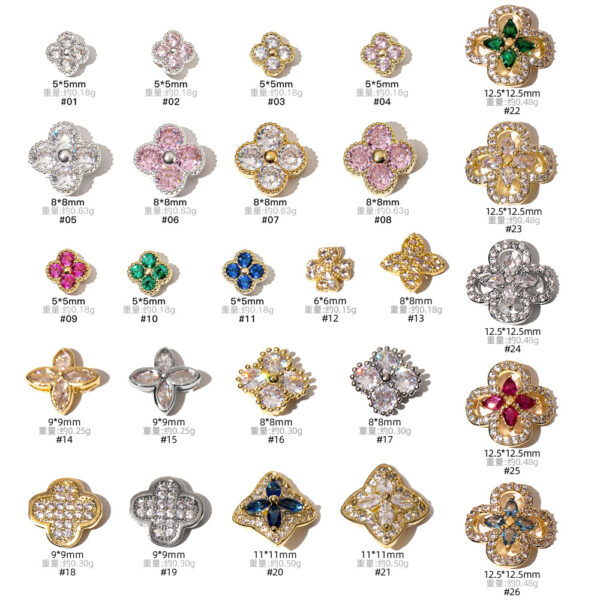 Wholesale Alloy nail art decorations, zircon lucky four-leaf clover with rhinestones, 3D nail decorations.
