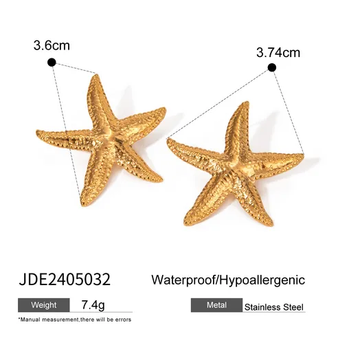 Wholesale PVD Coated Real Gold Plated 18K Gold Starfish 304 Stainless Steel Vacation Marine Style Waterproof Non Tarnish Ear Studs