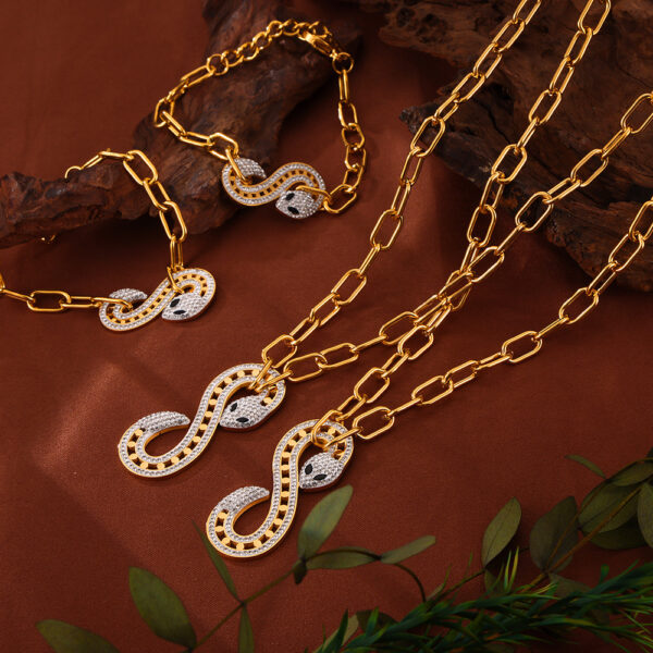 Wholesale Antique Light Luxury Personalized Shaped Chain Jewelry S-shaped Full Diamond Design Sense Snake Pendant Titanium Steel Jewelry Set