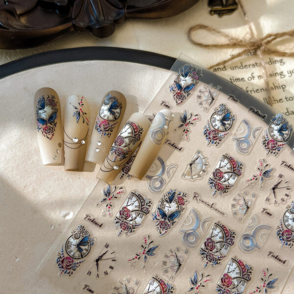 oly-d67cdd59b01be1912a50f4be02d636dc Wholesale Net red colorful butterfly nail art sticker retro watch plate flower relief flat with adhesive nail applique