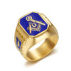 Wholesale Hip Hop HIPHOP Jewelry Titanium Steel Gold Plated Blue Glue Masonic AG Men's Ring