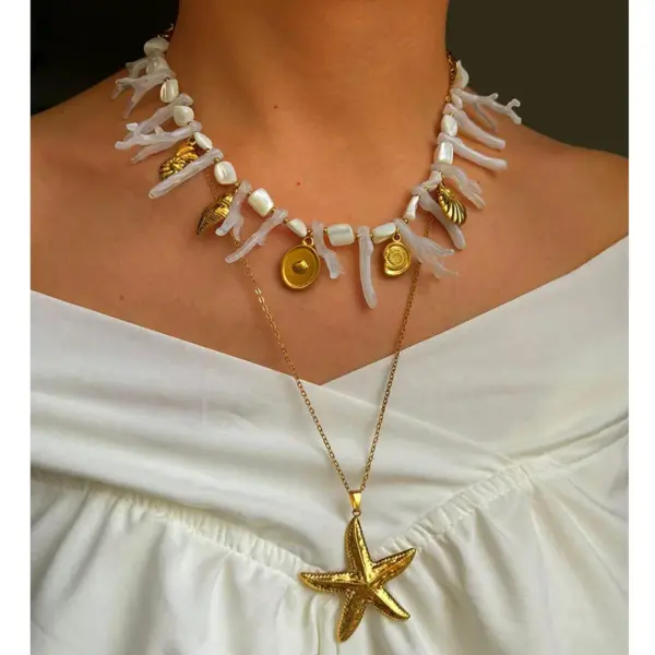 Wholesale 304 Stainless Steel Geometric Starfish Shell PVD Coated Freshwater Pearl Shell Real Gold Plated Nordic Style Vacation Marine Style Waterproof Non Tarnish Surgical Steel Shell Necklace Lobster Trigger Clasp Closure Pendant Necklace
