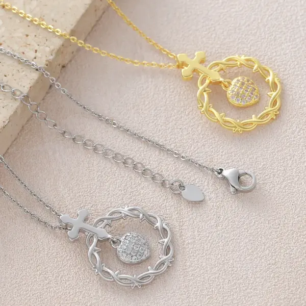 Wholesale For Women Cross Pendant Necklace In Copper With 18K Real Gold Plated Coating 0.05µm-0.08µm Featuring Zircon On Cable Chain