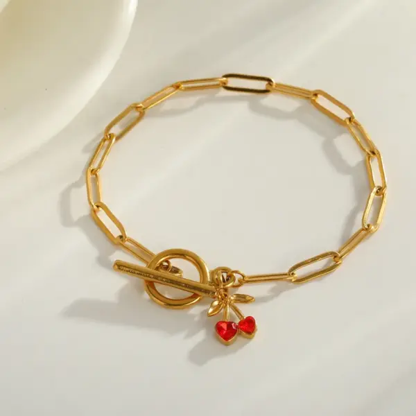 Wholesale Vacuum Electroplating (In Furnace) Plated 18K Real Gold Cherry Zircon 201 Stainless Steel 304 Stainless Steel Women's Bracelet