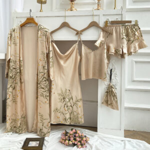 Wholesale Spring and Summer Home Clothes Four-piece Printed European and American Style Pajamas Women's Nightgown Sling Long Sleeve Long Sexy Nightgown suit