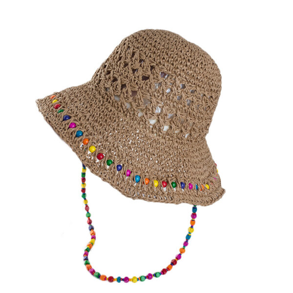 Wholesale Hyun Ya Style Color Wooden Beads Straw Hat Women's Summer Big Hat Straw Weaves Fisherman's Hat Foldable Seaside Sunshade and Sunscreen Hat