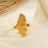 Wholesale Ion Plating (IP) 18K Gold Plated Ginkgo Leaf 304 Stainless Steel IG Style Waterproof Non Tarnish Open Rings