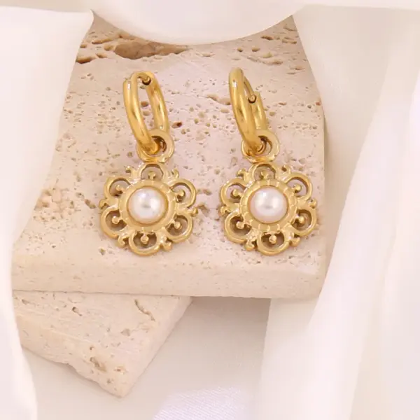 Wholesale Sunflower Earrings For Women, Waterproof Non Tarnish 316 Stainless Steel With 18K Real Gold PVD Coating And Freshwater Pearl Inlay