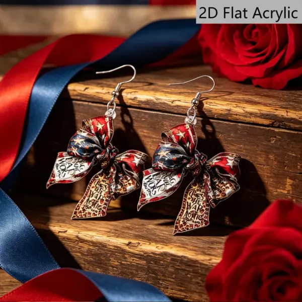 oly-d79991d6bbcb45e57f6dbf27c3208e4a Wholesale Retro White & Red Bow Tie Print Drop Earrings For Women With 304 Stainless Steel Ear Pins