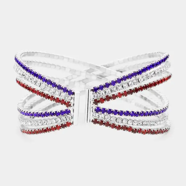 Wholesale National Flag Wristband With Claw Setting, Copper Material, Golden Plated Water Plating, Rhinestones Inlay, 0.03µm Plating Thickness