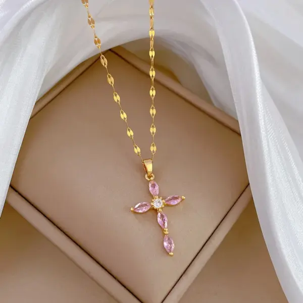 Wholesale Real Gold Plated 304 Stainless Steel PVD Coated Zircon Cross Waterproof Non Tarnish Simple Style Coffee Bean Chain Pendant Necklace For Unisex