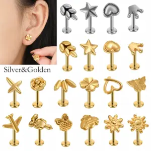 Wholesale 1 Piece 304 Stainless Steel Stone-Free Casual Elegant Hip-Hop Lip Rings Four Leaf Clover Star Heart Shape Gold Steel Color Polishing Plating Ion Plating (IP) 18K Gold Plated Nose Rings & Studs