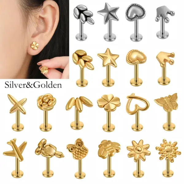 Wholesale 1 Piece 304 Stainless Steel Stone-Free Casual Elegant Hip-Hop Lip Rings Four Leaf Clover Star Heart Shape Gold Steel Color Polishing Plating Ion Plating (IP) 18K Gold Plated Nose Rings & Studs
