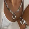 Wholesale Fashion Hip Hop 2 Piece Set - Stainless Steel Cuban Chain Necklace And Bracelet With Love Pendant OT Buckle Unisex Jewelry Gift