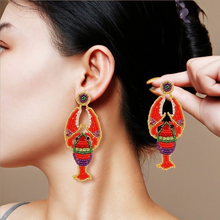 Wholesale European and American Cross-Border Design Lobster Rice Bead Earrings Accessible Luxury High-End Autumn and Winter Fashion Elegant Carnival E