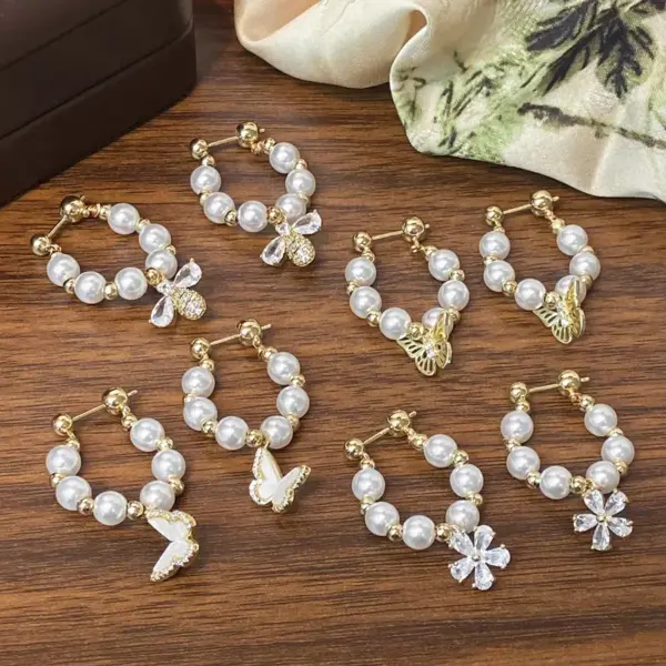 Wholesale Elegant Butterfly Flower Pearl Pendant Earrings With Sparkling Zirconia East Gate Of Seoul Luxury Atmosphere Women's Jewelry