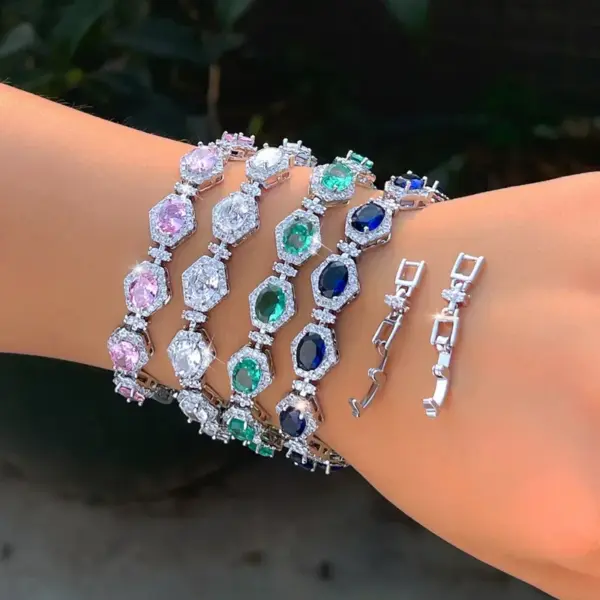 Wholesale Geometric Waterproof Non Tarnish Copper Bracelet For Women With Rhodium Plating And Zircon Inlay Featuring Tennis Chain
