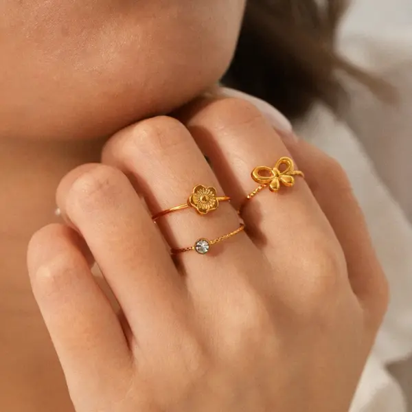Wholesale 304 Stainless Steel Flower Bow Knot PVD Coated Zircon 18K Gold 18K Real Gold Plated IG Style Simple Style Waterproof Non Tarnish Inlay Gold Open Rings