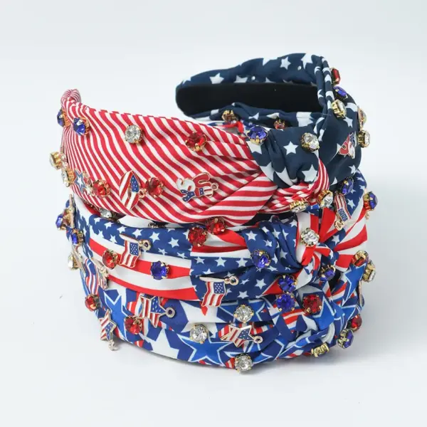 Wholesale Hot New American Flag Independence Day Headband Red White Blue Water Drill Hoop Knot Fabric Wide-brimmed Headband