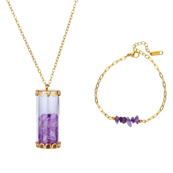 oly-d954c2fb2242ac3c7ebf3501ec743670 Wholesale 2pcs/set Random Quantity Purple Natural Small Stone Jewelry Set 18K Gold Plated Stainless Steel Necklace Bracelet Lucky Bottle Shape Personality Simple Unisex Two-piece Jewelry Set Accessories Wholesale Christmas Birthday Gift Choice