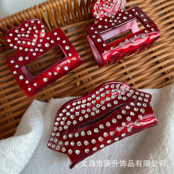 oly-d9751edc2d08e513970b9d1ae4a1019e Wholesale Acetic Acid Love Red Lip Grab Clip Heavy Industry Diamond Hair Clip Light Luxury High-end Shark Clip Valentine's Day Hair Accessories Headdress