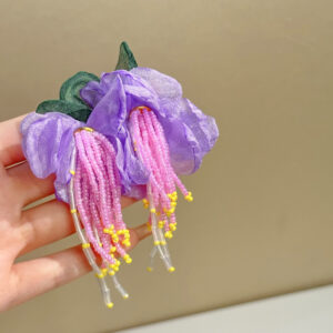 Fabric light purple petal purple pearl tassel earrings