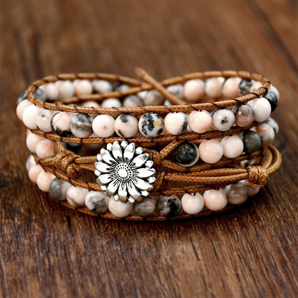 Wholesale European and American Cross-border Accessories Hand-woven Pink Zebra Stone Beaded Bracelet Retro Bohemian Multi-layer Bracelet for Women