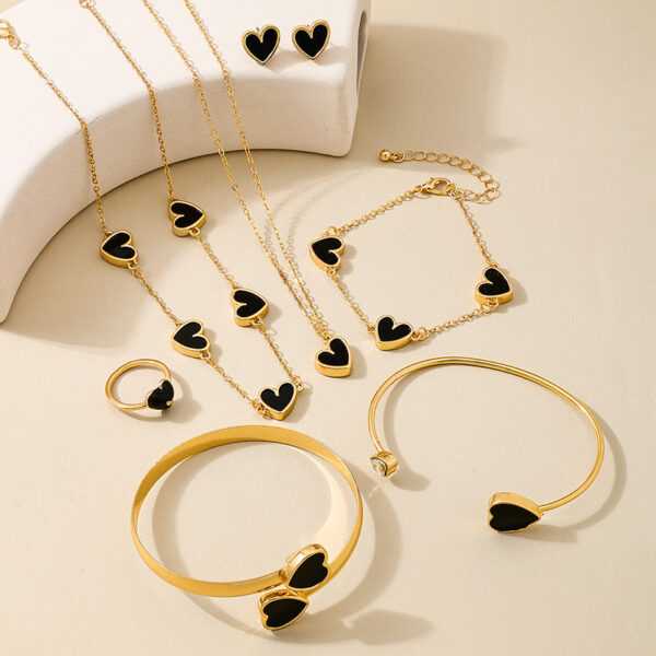 Wholesale 7 Pieces Fashion Simple Love Valentine's Day Metal Black Peach Heart Women Necklace Earrings Bracelet Ring Jewelry suit