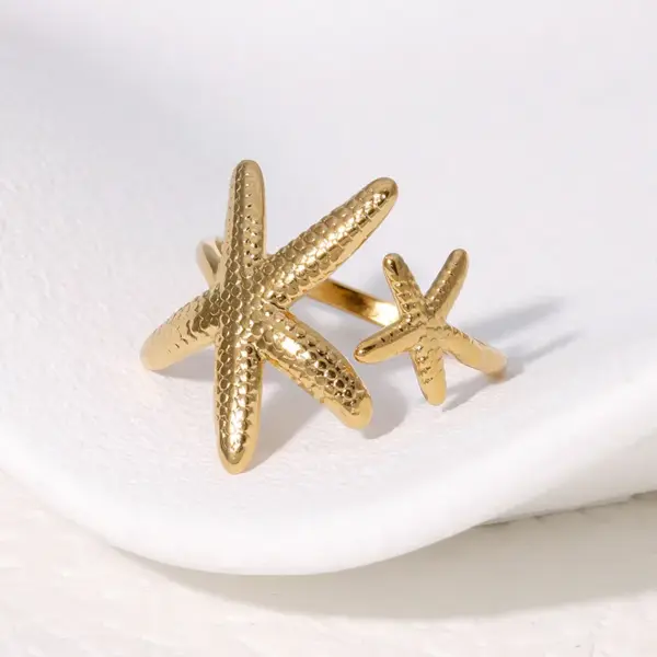 oly-d9a3d0abef4e8d36f0d2403127f55be4 Wholesale PVD Coated Real Gold Plated 18K Gold Animal Starfish 304 Stainless Steel Vacation Beach IG Style Waterproof Non Tarnish Open Rings