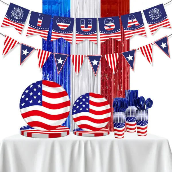 oly-d9c94dfad6cae03db6398a6df1589ead Wholesale American Independence Day Party Decoration Rain Curtain Set Tableware Cups Plates Knives Forks Spoons Flags Display Accessories