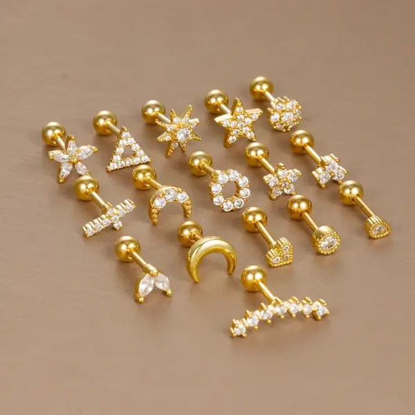 Wholesale 304 Stainless Steel Zircon Moon Heart Shape Flower Ear Studs