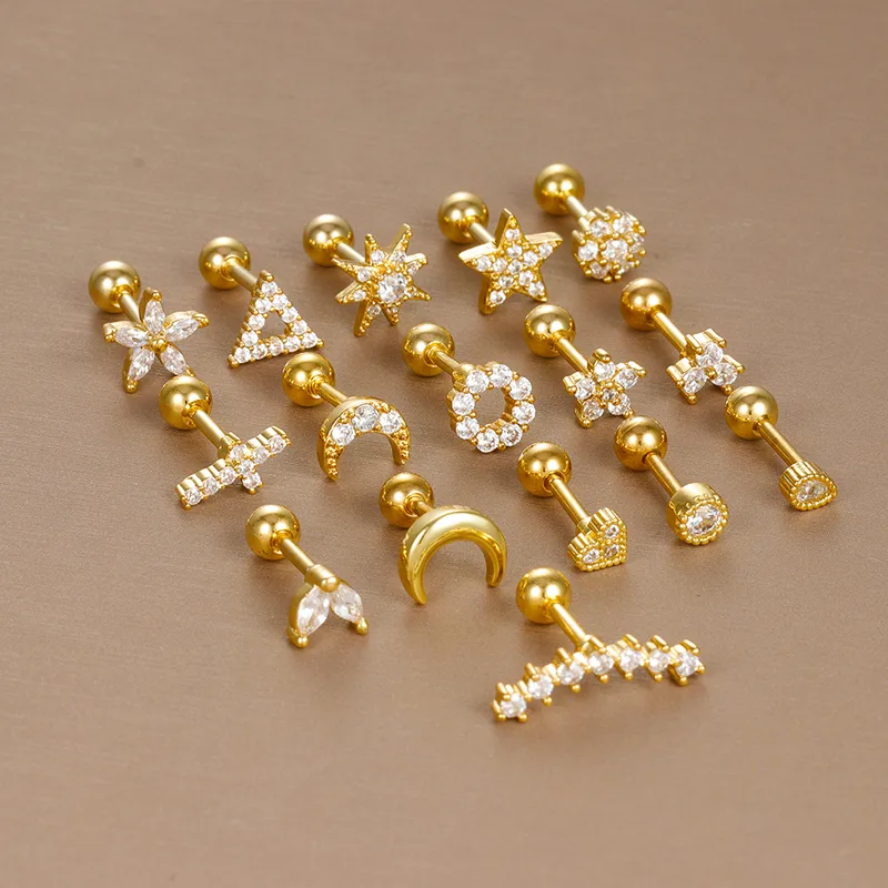 Wholesale 304 Stainless Steel Zircon Moon Heart Shape Flower Ear Studs