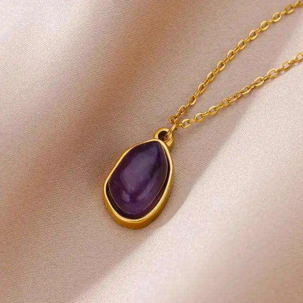 oly-da5818eca8772c3e2eb649ba325f431c Wholesale 2pcs/set Purple Natural Stone Necklace Ring Set 18K Gold Plated Waterproof Stainless Steel Necklace Ring Two-Piece Set Simple Style Jewelry Set Women's Accessories Wholesale Christmas Gift Choice
