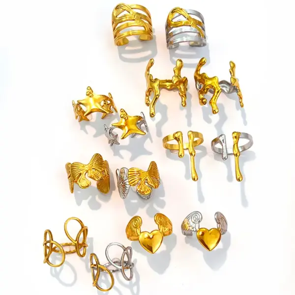 Wholesale 2026 New Hydraulic Ring Stainless Steel 18K Non-Fading Gold And Silver Color-Block Design Exaggerated Style Heart Water Drop Twisted Nature Suitable For Daily Wear