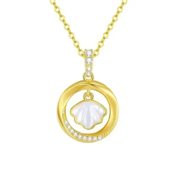 Wholesale Women’s Circle Pendant Necklace With Artificial Rhinestones Inlay, 18K Real Gold Plated Copper, Water Plating On Cable Chain