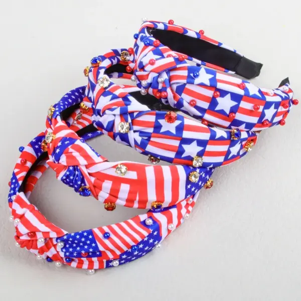 Wholesale 75th National Day Fabric Headband with Knot Diamond Star Stripes Pearl Headband Holiday Hair Accessory for Women - Nihaojewelry